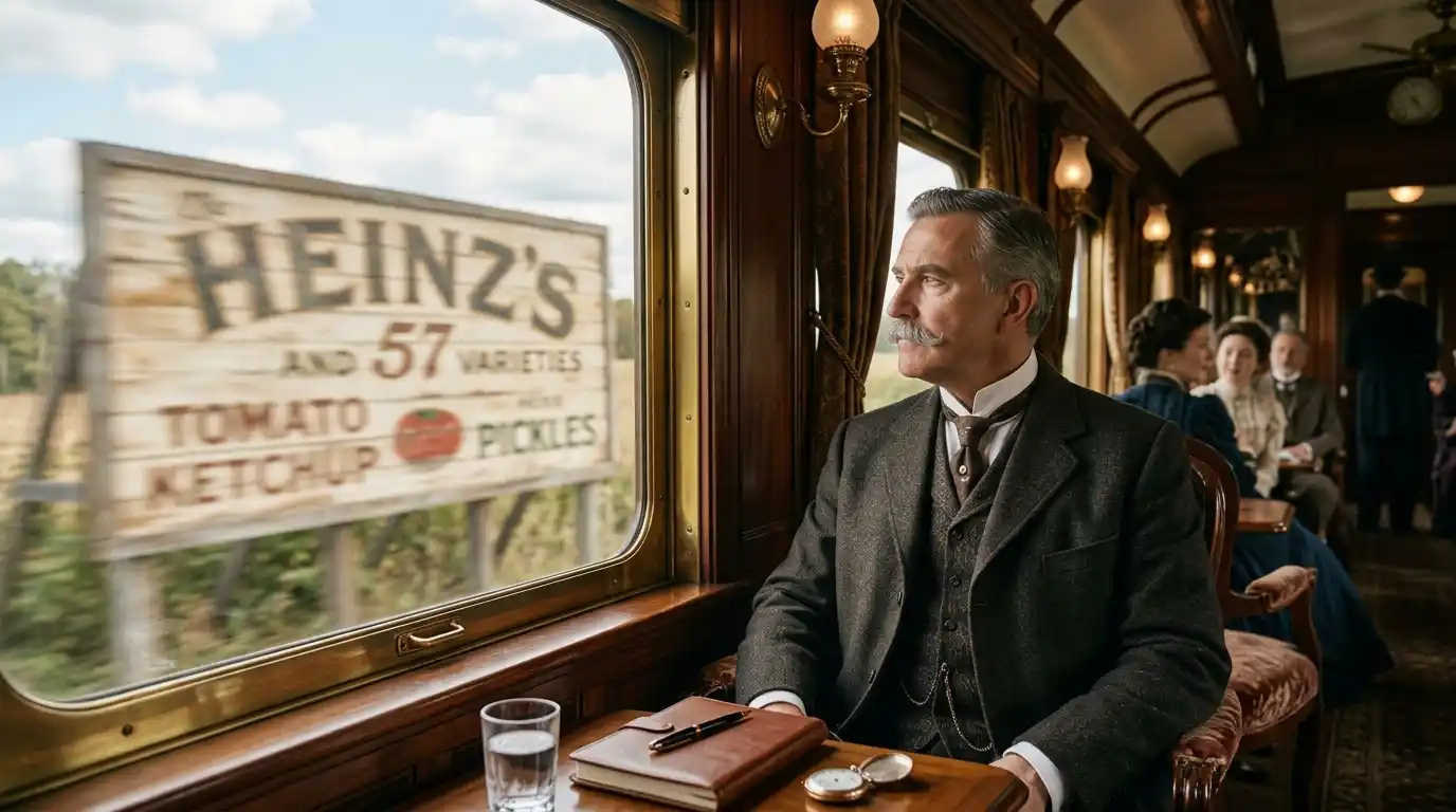 Henry J. Heinz looking thoughtfully out of a vintage 1890s train window, inspired by a passing advertisement billboard.
