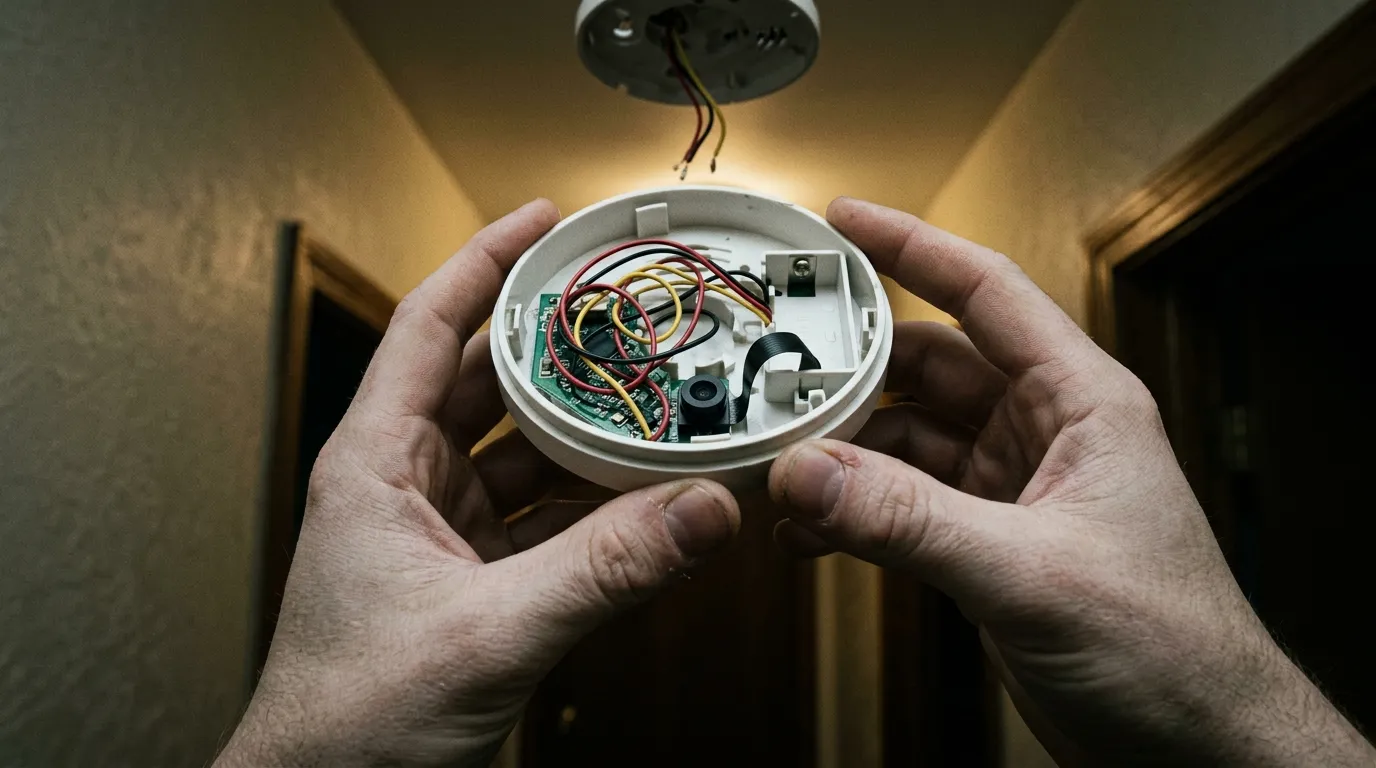 Close-up of a disassembled smoke detector revealing a hidden camera lens inside.