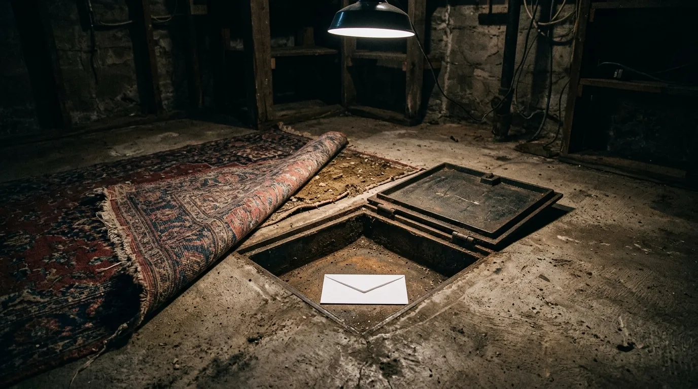 Hidden metal floor safe revealed under an area rug in a basement