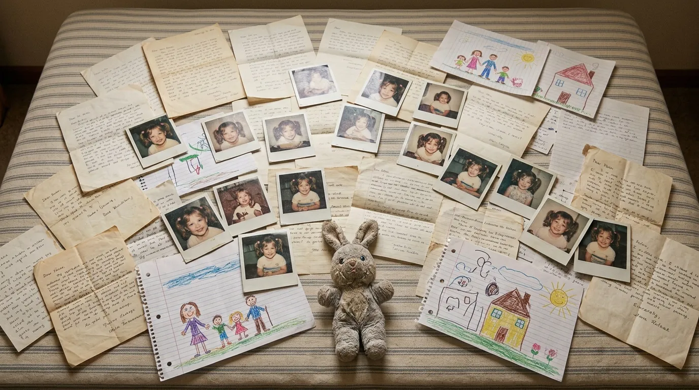 An exposed box spring covered in vintage letters, old photos, and a stuffed rabbit