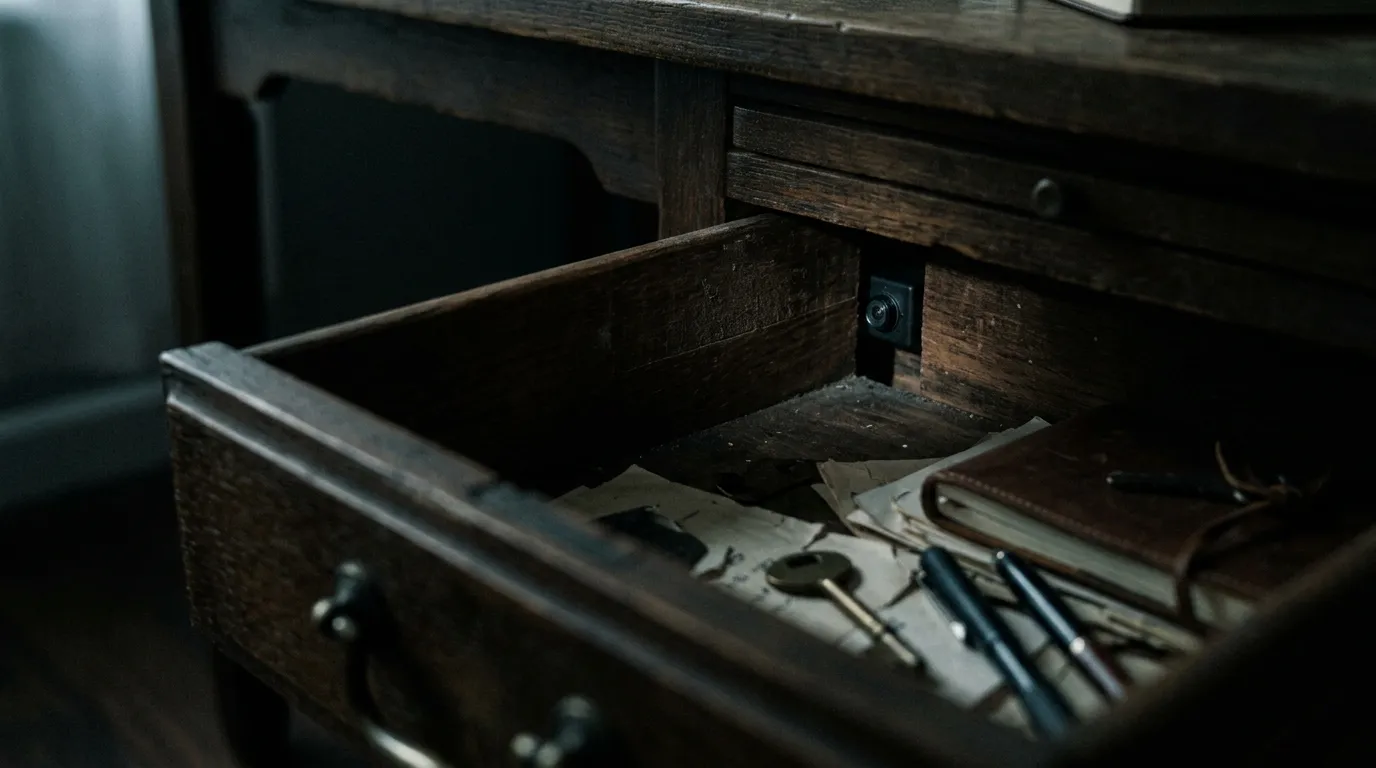 Tiny black spy camera hidden behind a wooden desk drawer