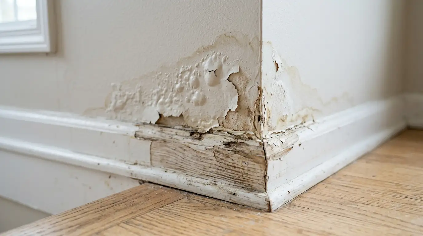 Bubbling and peeling paint above a baseboard indicating hidden water damage