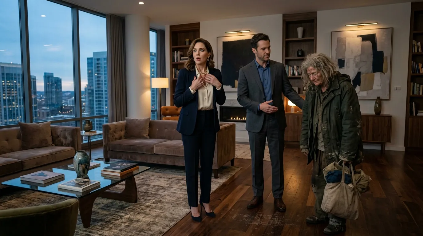 Wealthy woman looking in shock at a homeless woman in her living room