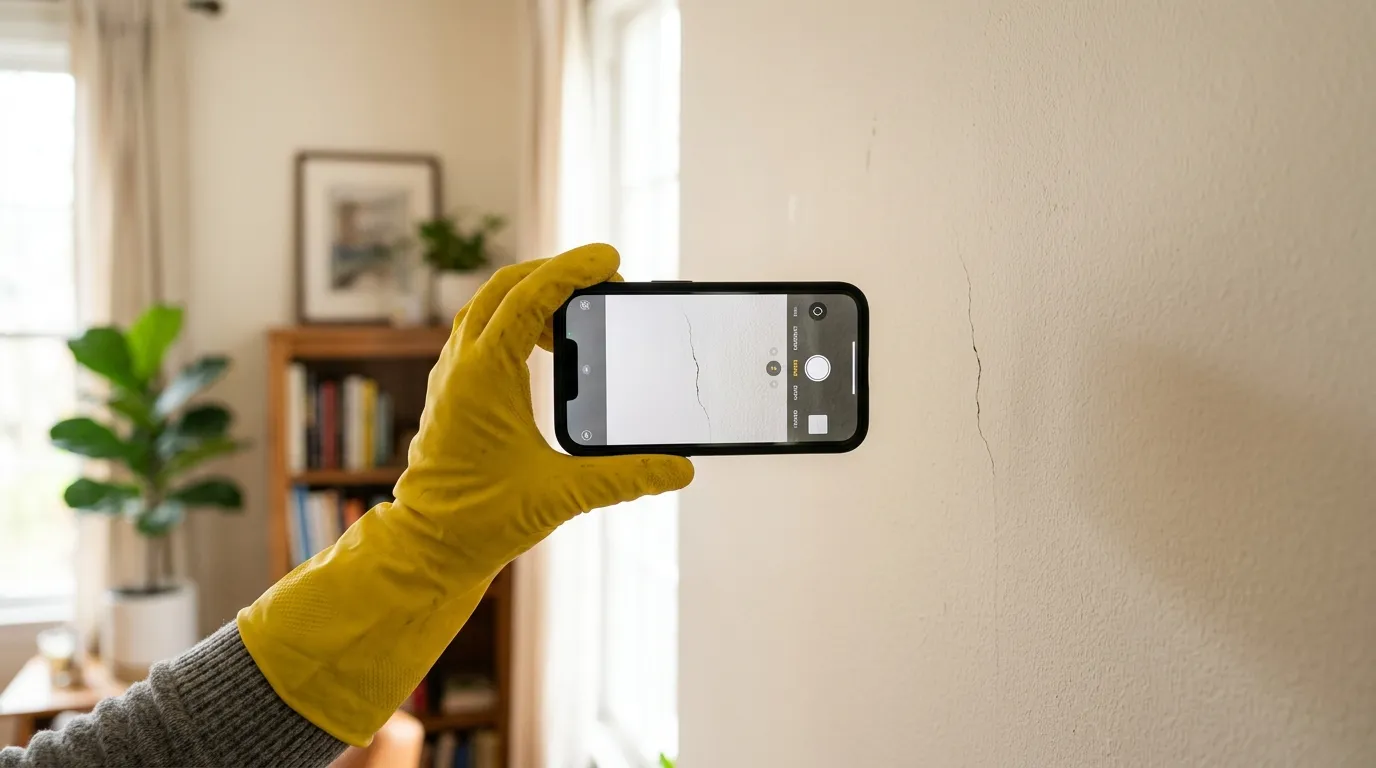 A homeowner wearing a rubber glove taking a photo of a strange crack in the wall with a smartphone