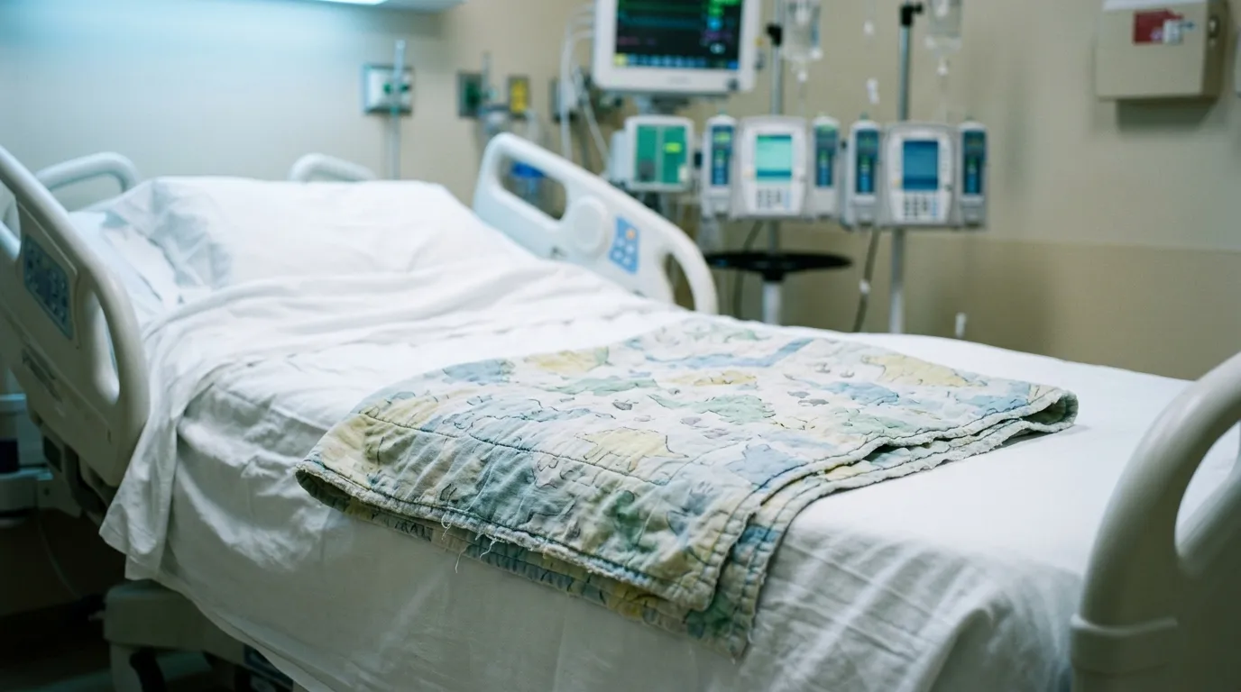 A small boy's faded dinosaur quilt resting on a stark white hospital bed, surrounded by blurred medical monitors.