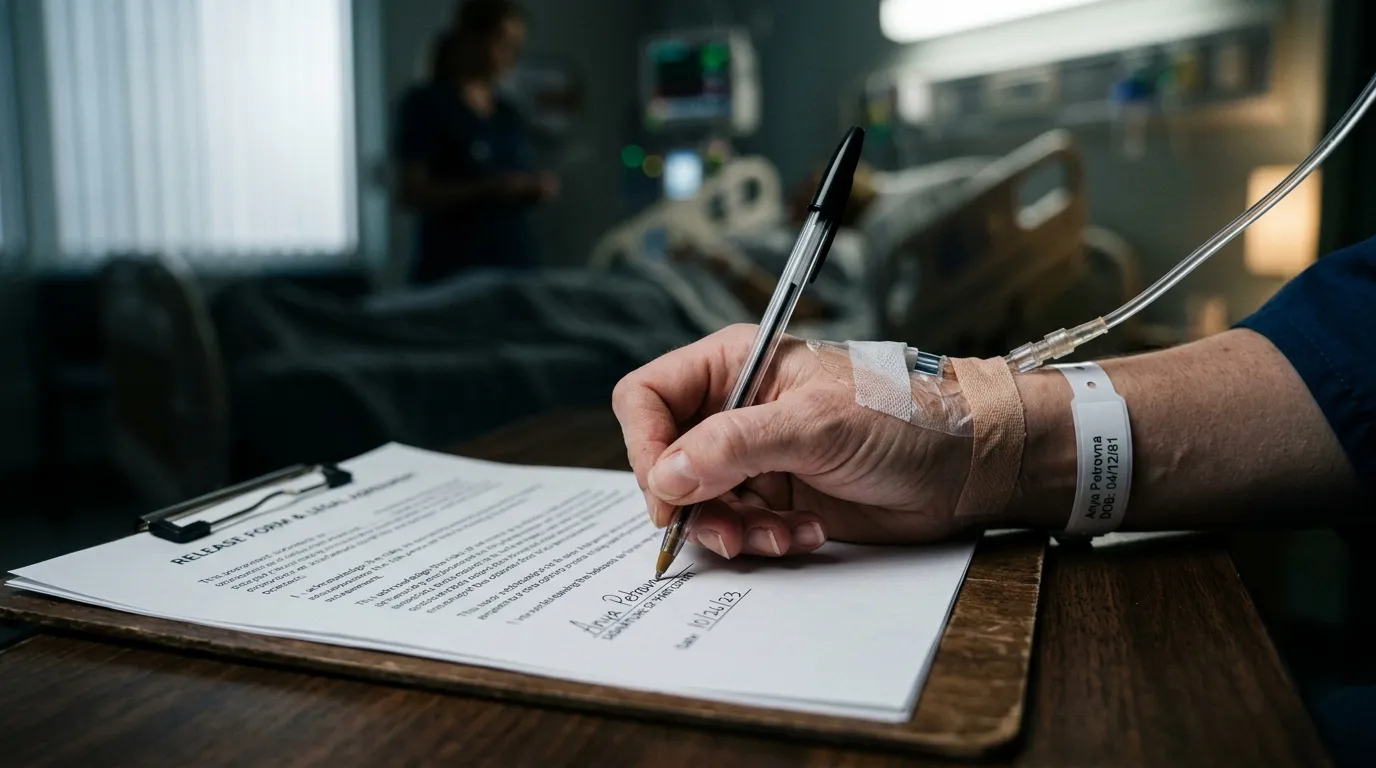 A patient's hand with an IV signing a legal document in a dimly lit hospital room