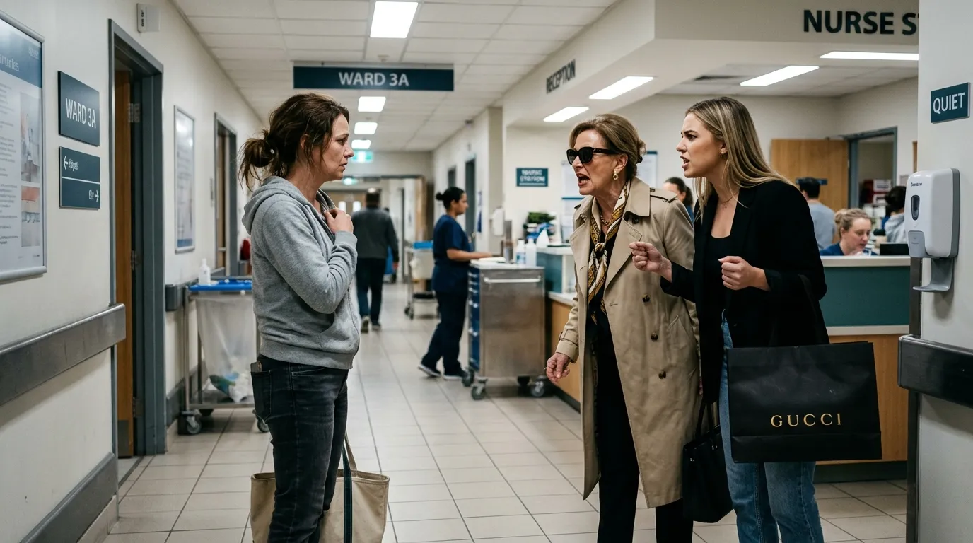A tense standoff in a bright hospital hallway between an exhausted mother in casual clothes and two angrily posturing women dressed in high-end fashion.