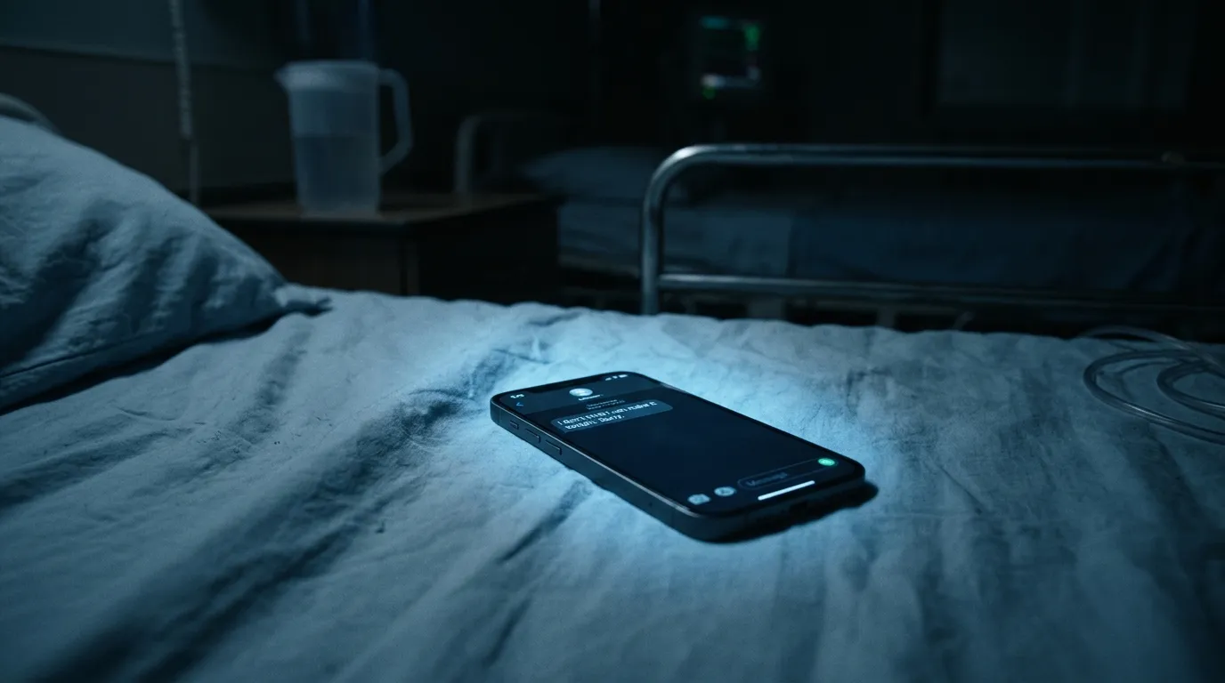 A glowing smartphone in a dark hospital room
