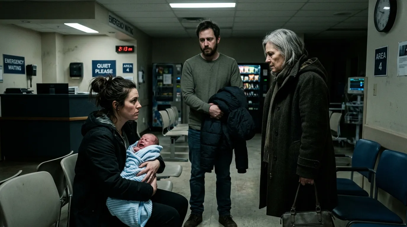 Tense confrontation in a hospital waiting room between a mother holding a baby, her husband, and his mother