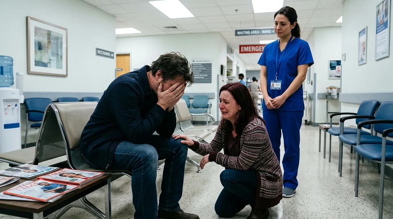 A devastated man sitting in a hospital hallway with a crying woman crouching before him