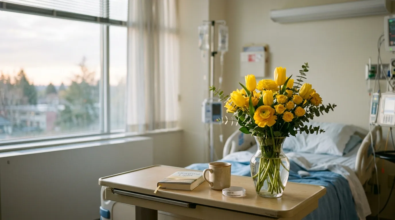 A vase of bright yellow flowers sitting on a sterile hospital bedside table.