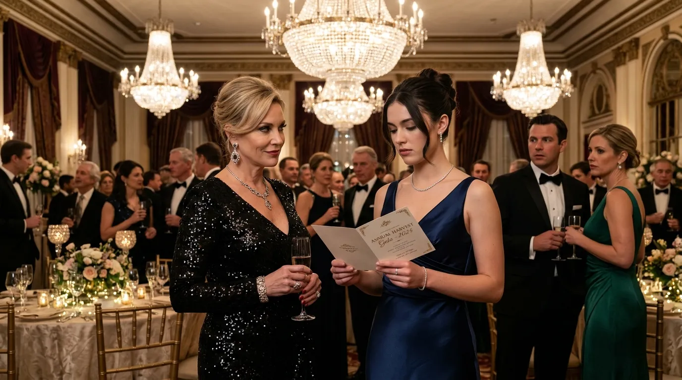 A tense confrontation under hotel chandeliers at a luxury gala