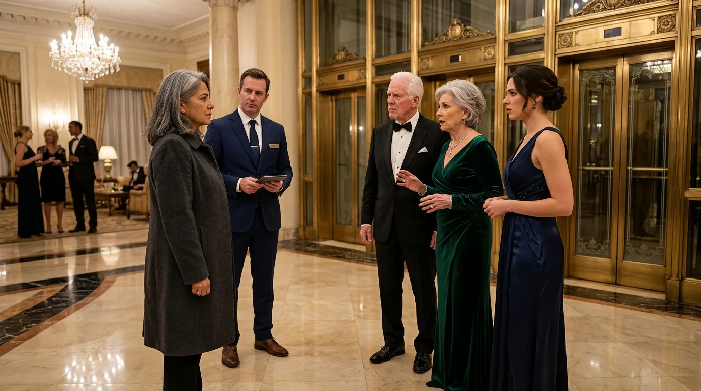 Tension in a lavish hotel lobby as an older woman in a plain coat confronts a wealthy couple in formal wear.