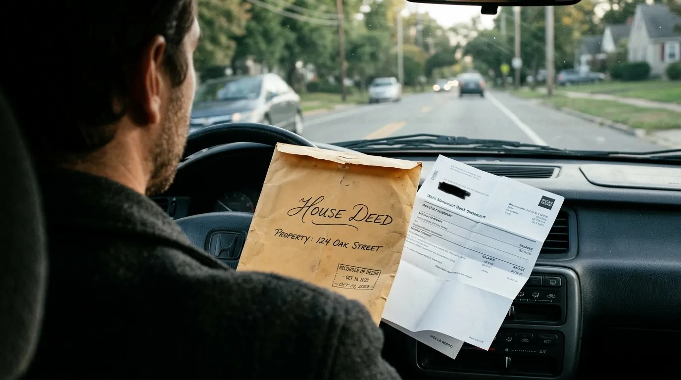 A vintage envelope labeled House Deed next to a folded bank statement