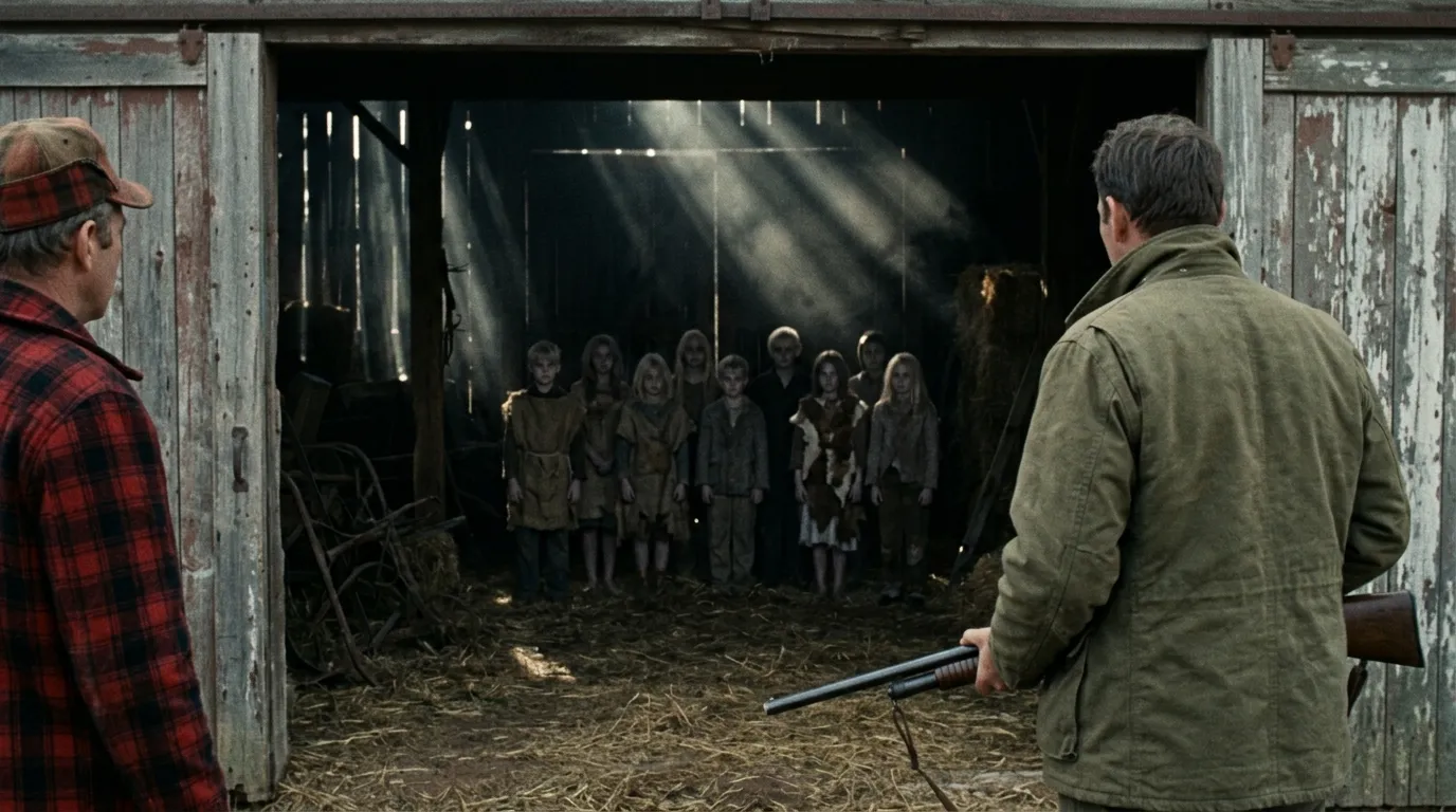 Silhouettes of pale children standing in an old barn looking at two hunters.
