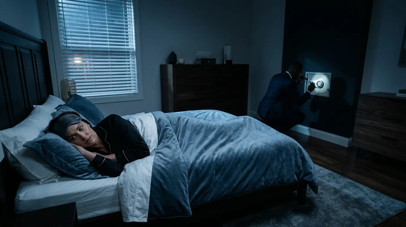 A shadowy figure of a man opening a bedroom wall safe while a woman pretends to sleep