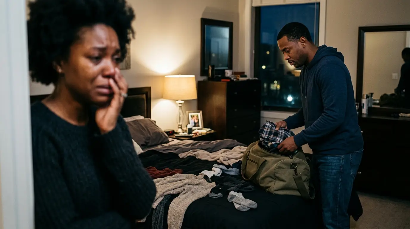 Husband packing a duffel bag while his exhausted wife watches in disbelief