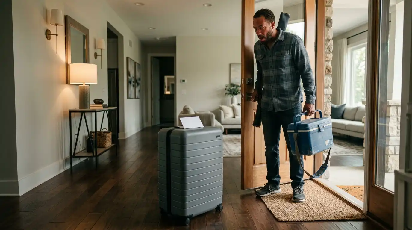 Husband returning from a trip looking shocked at his packed suitcase sitting by the door