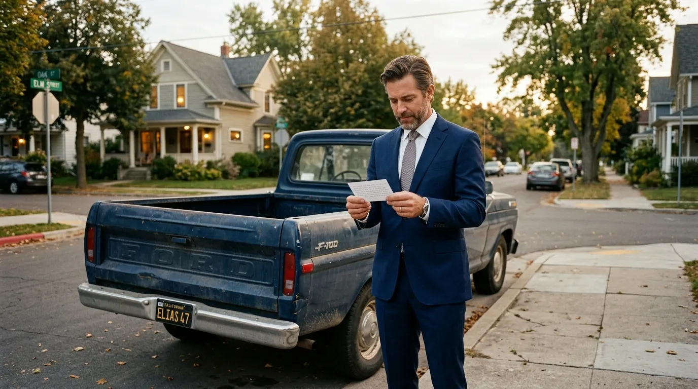 A man in a navy blue suit standing by a pickup truck on a street corner, reading a small note.