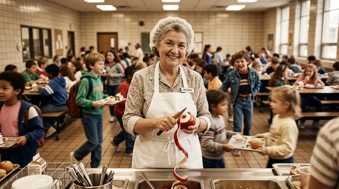 A woman in an apron peeling an apple in a bustling school cafeteria.