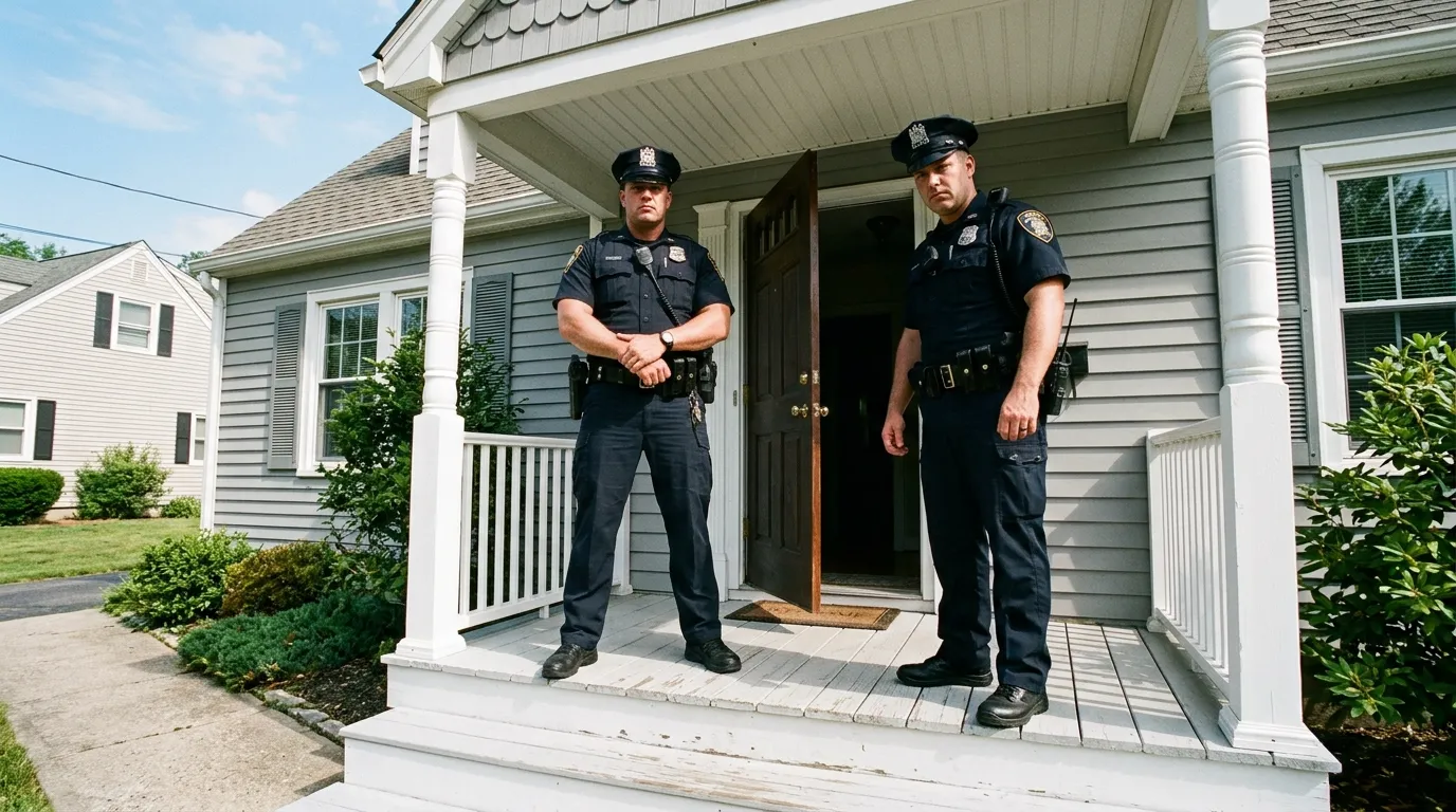 Two intimidating police officers standing on a porch, looking down calmly. The door is half-open behind them.