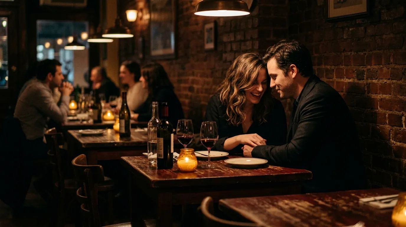 A woman and a man sitting closely together in a dimly lit Italian restaurant, looking intimate.