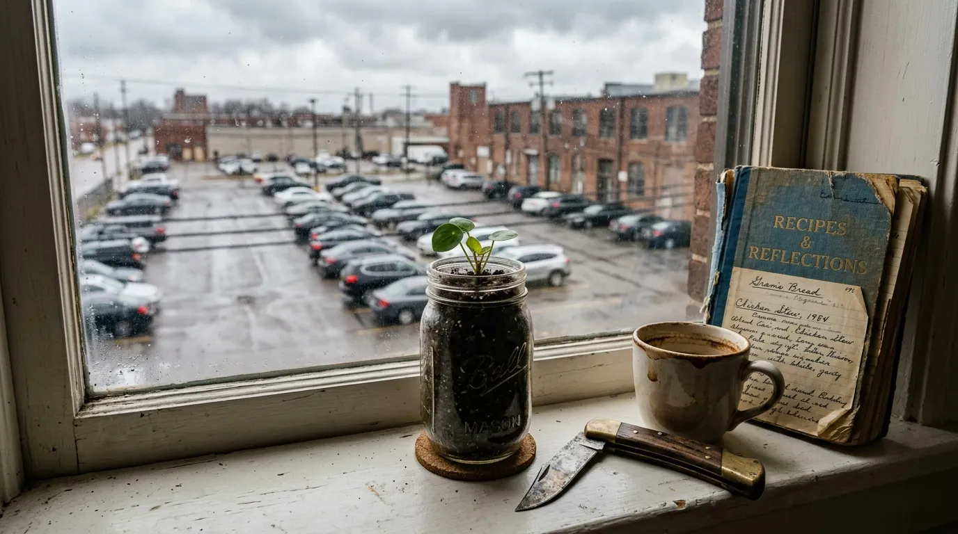 A jar of dark soil, an old knife, and a recipe book on a windowsill