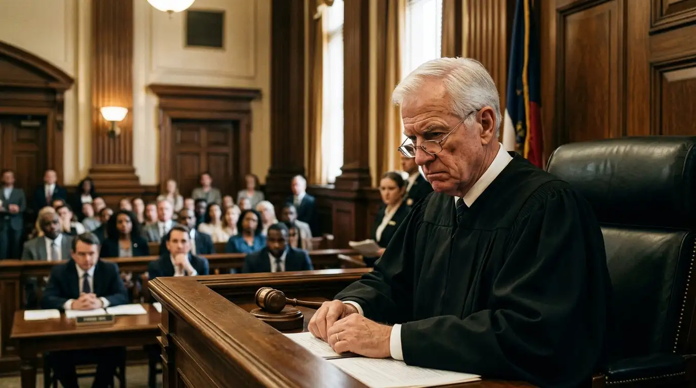 A seasoned judge looking sternly down from the bench in a grand courtroom