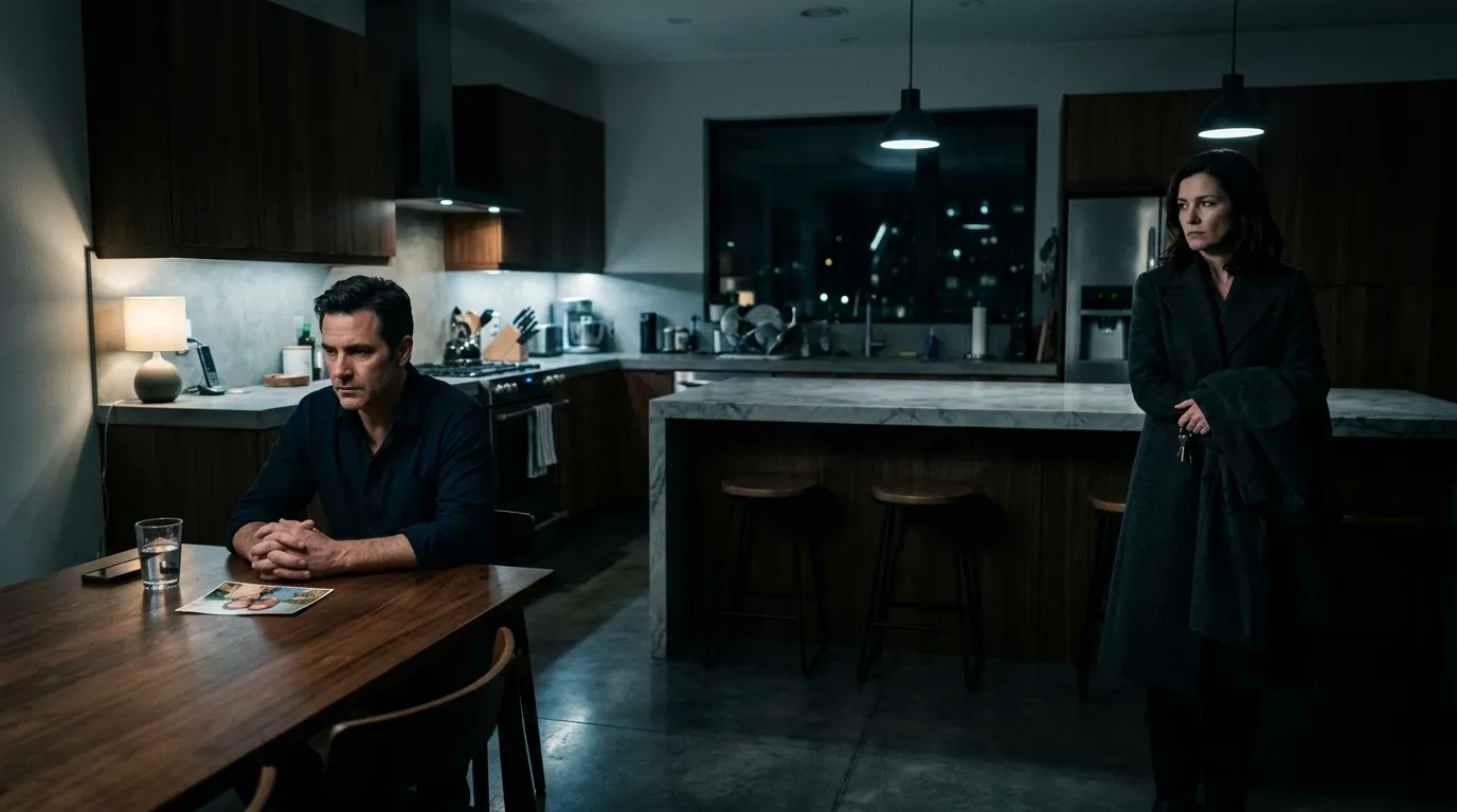 A tense nighttime confrontation in a kitchen between a man seated at a table and a woman standing by the counter.