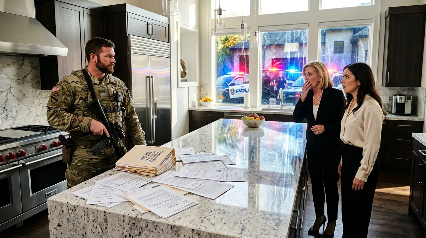 A soldier standing in a kitchen confronting two shocked women while police lights flash outside