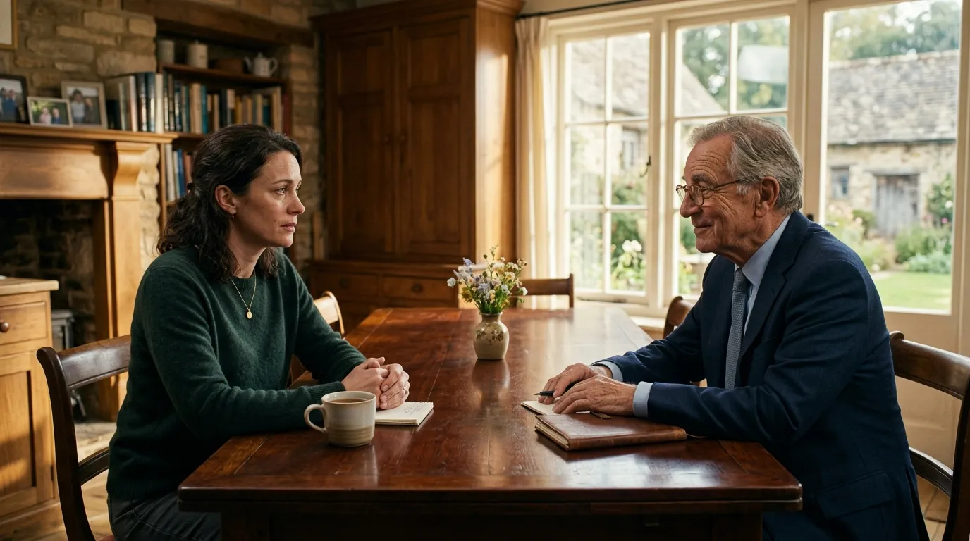 A tired 36-year-old woman sitting across a large kitchen table from a kind 74-year-old man in a navy suit, having a serious conversation.