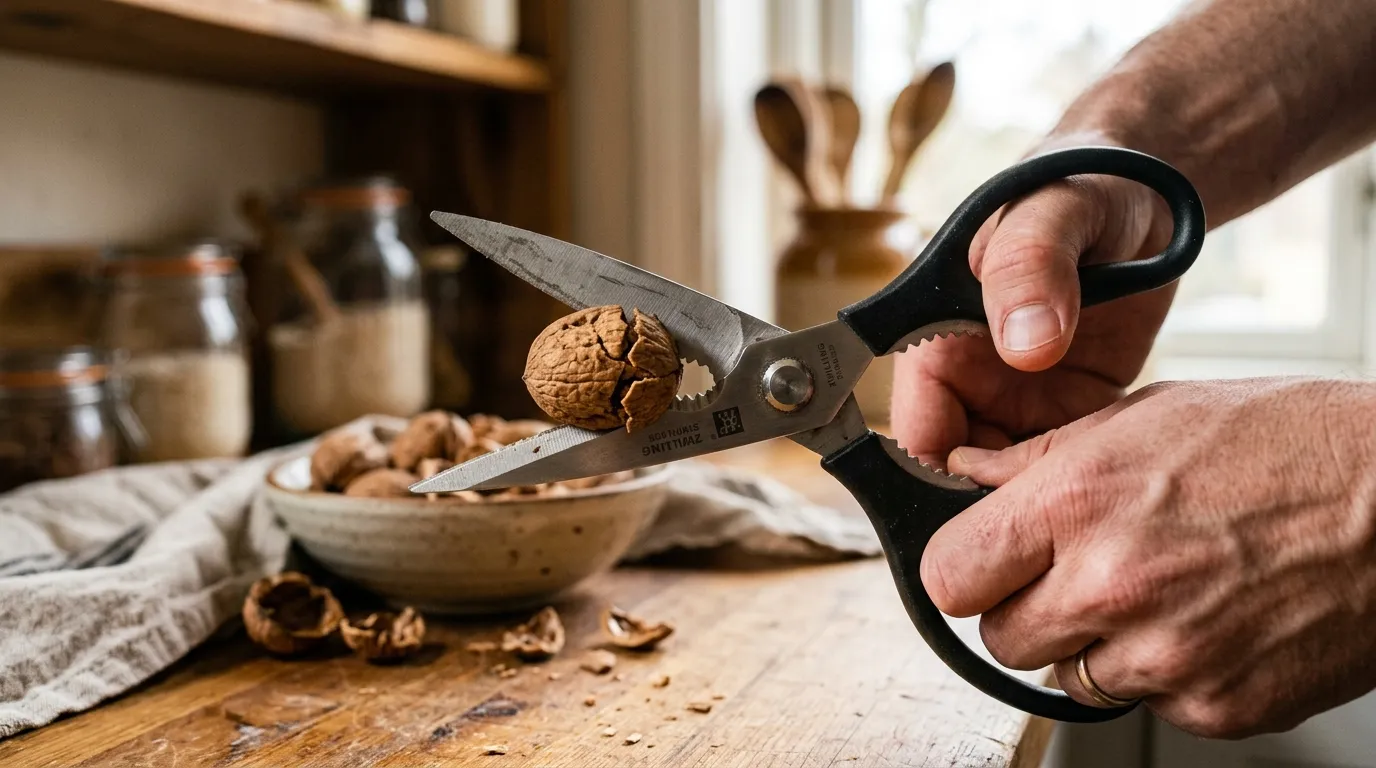 Kitchen scissors using the built-in groove to crack a walnut on a wooden cutting board