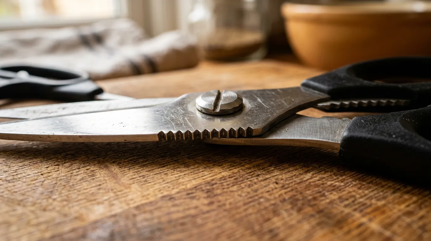 Close-up photograph of the jagged teeth groove near the pivot of stainless steel kitchen scissors