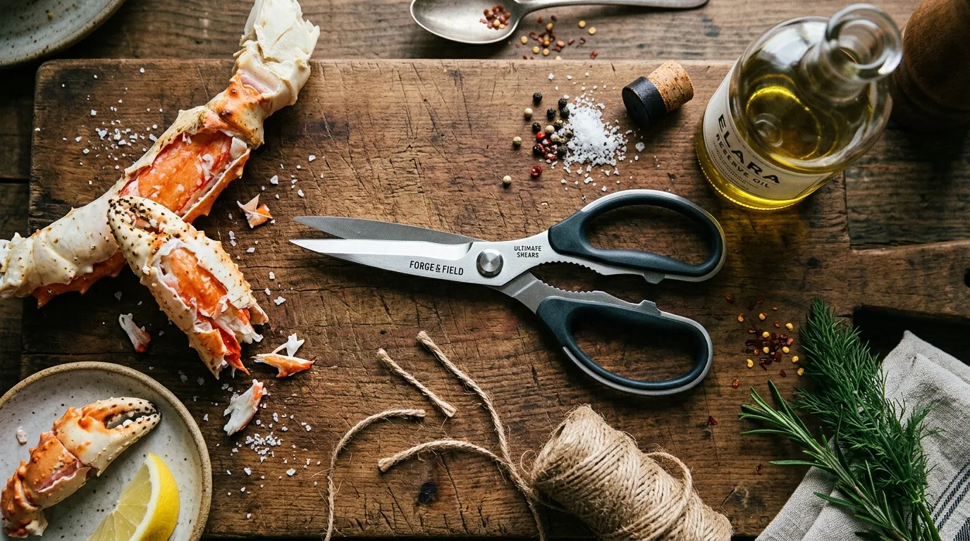 Kitchen scissors resting on a counter next to an open bottle, cut twine, and cracked crab shells