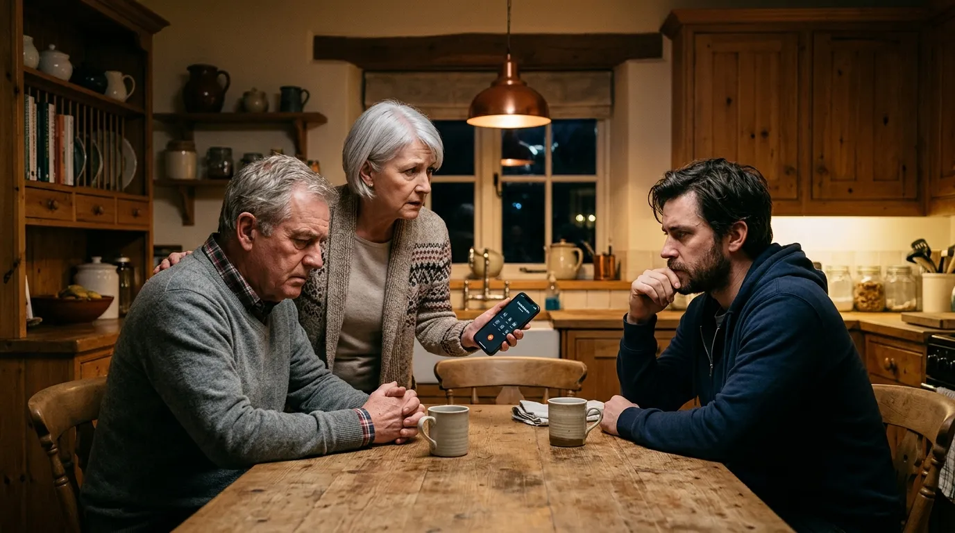 Two men sitting tensely across from each other at a kitchen table while a woman holds a phone.