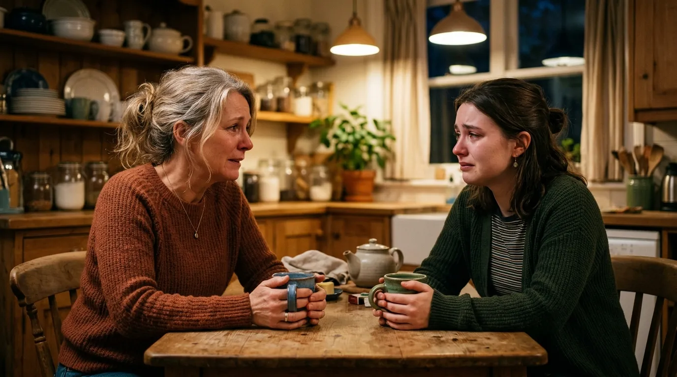 Two women sitting across from each other in a cozy, warmly lit kitchen, having a deep conversation over mugs of tea.