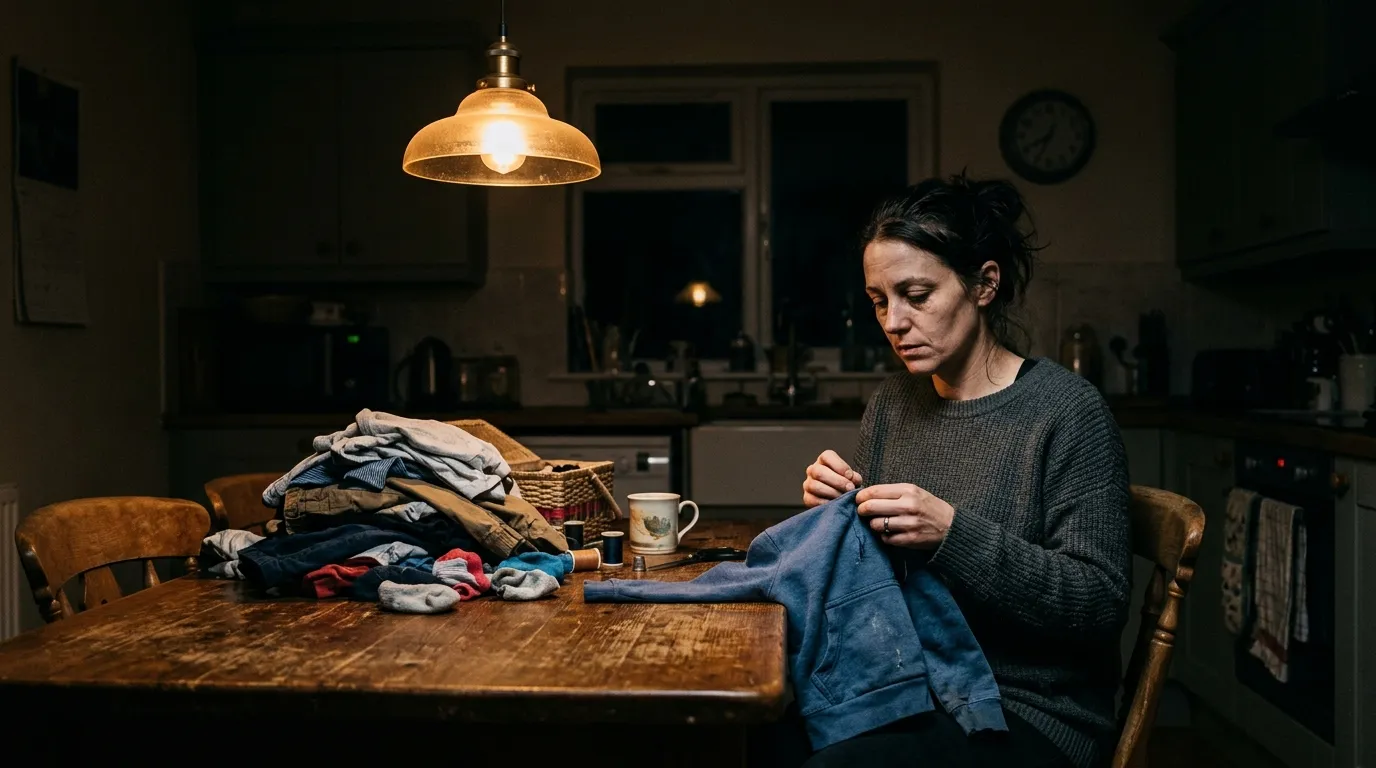 A tired but resilient woman sewing clothes late at night at a kitchen table under a dim light.