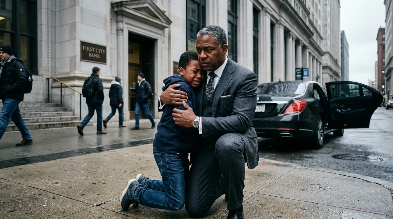 A wealthy man in a suit kneeling on the pavement hugging a crying young boy outside a bank
