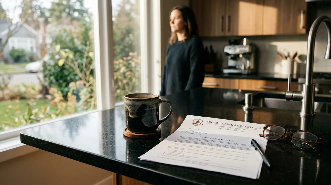 A morning coffee next to a formal legal document on a kitchen counter