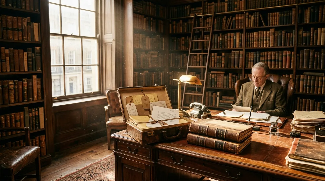 A dusty, vintage lawyer's office with legal binders and old books