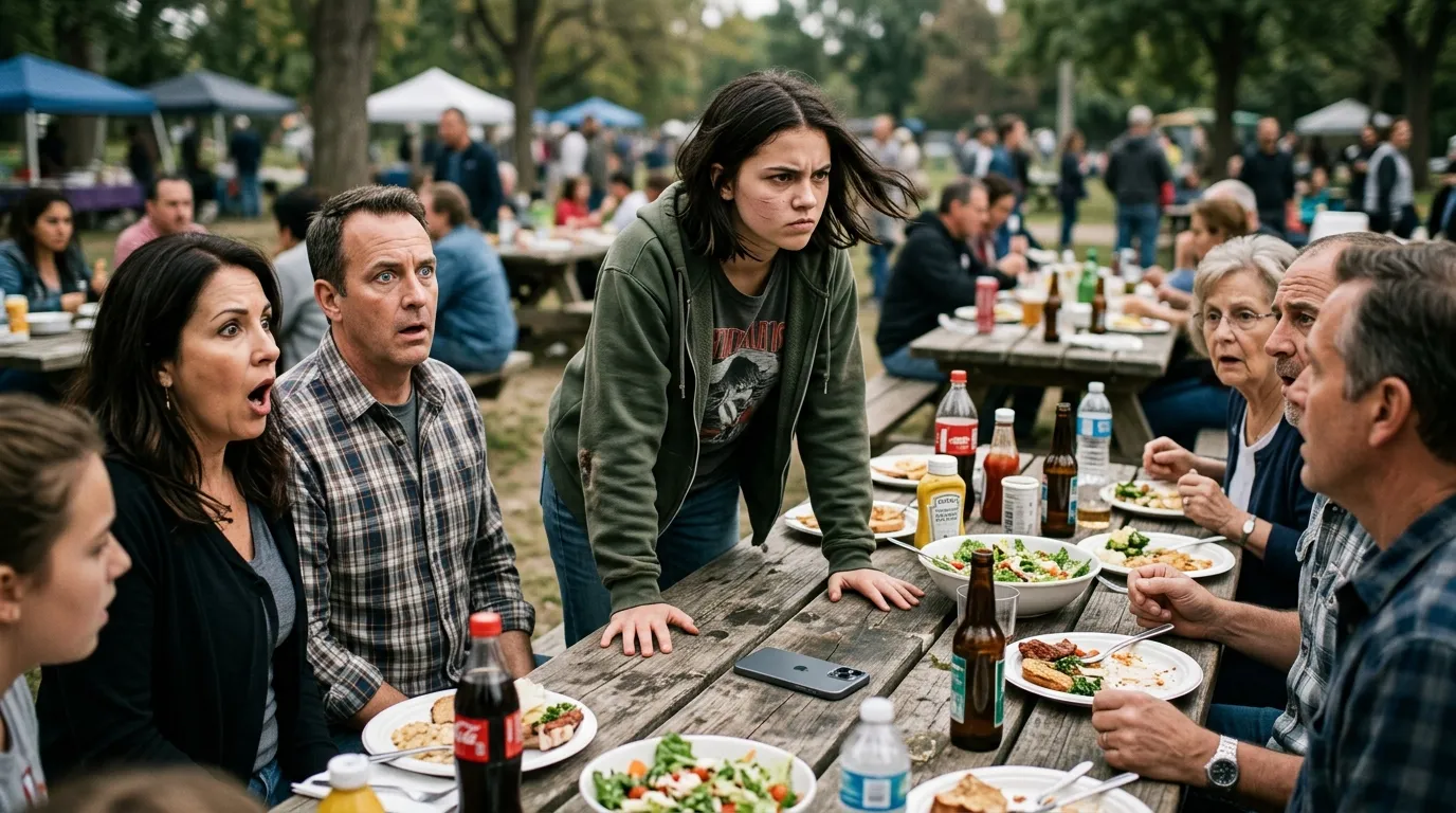 A teenage girl standing firmly at a picnic table, a smartphone placed squarely in the middle.