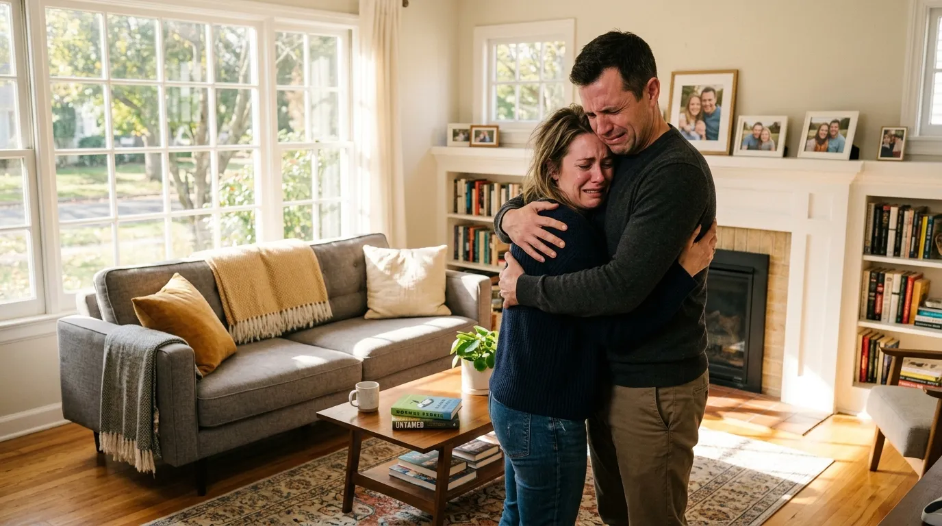 A man and woman holding each other in a desperate, tight embrace in a sunlit living room.