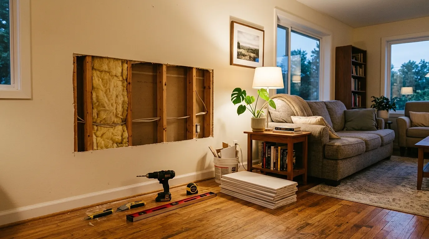 A neatly cut hole in a living room wall with tools arranged on the floor