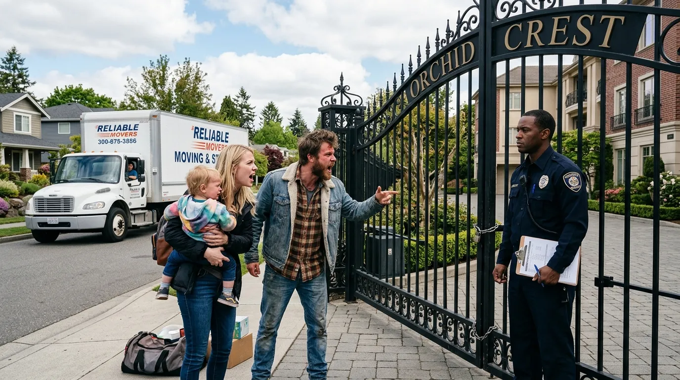 An angry young couple standing next to a moving truck outside large wrought-iron gates, confronting a stern security guard in front of a luxury condo building.