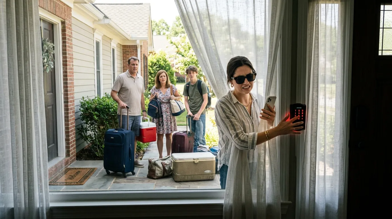A family standing confused outside a beach house door as the lock flashes red