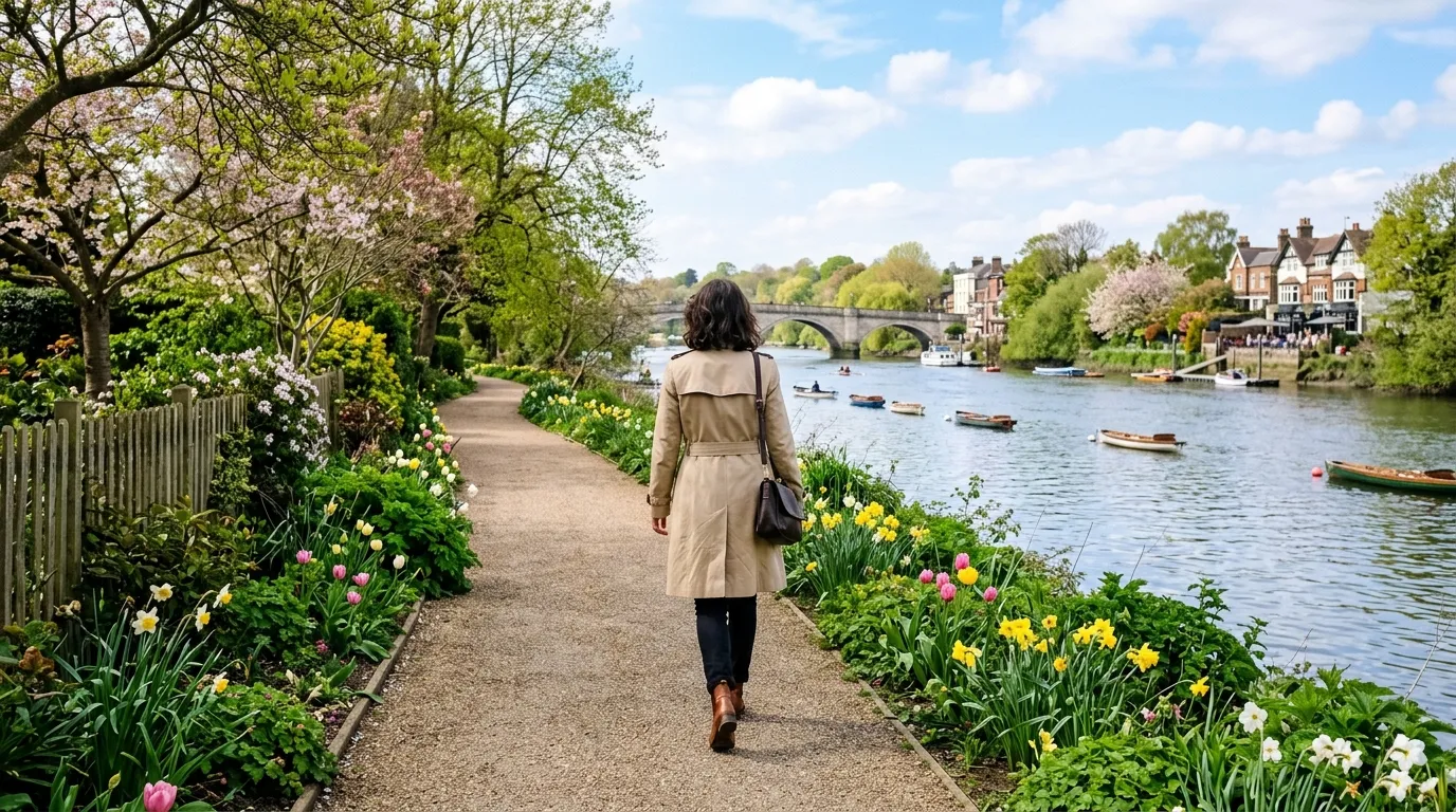 A woman in a chic trench coat walking peacefully along the River Thames in Richmond, London.