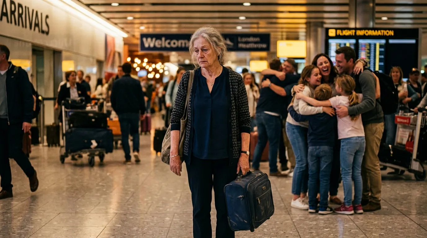 An older woman standing alone in a busy airport while families reunite around her.