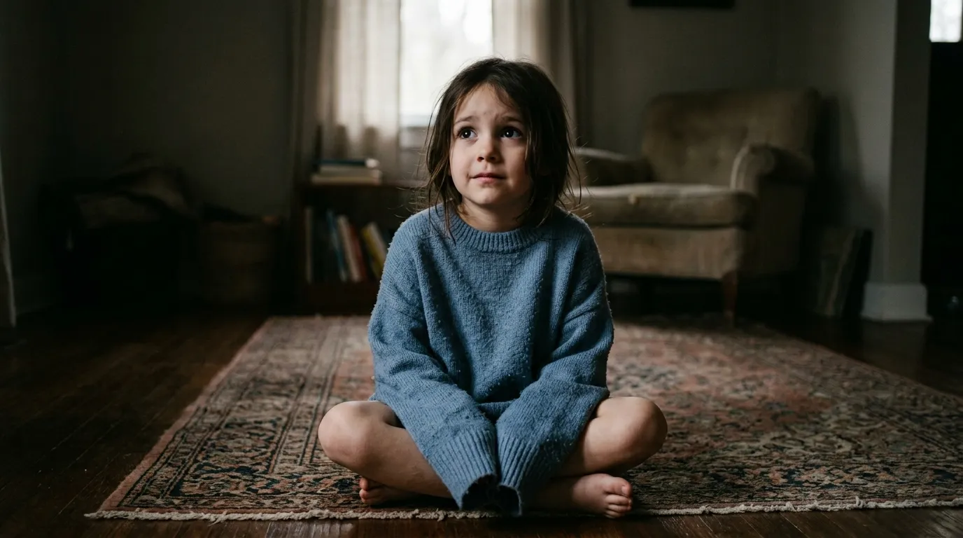 A seven year old girl in an oversized sweater sitting quietly, looking anxious and sad.