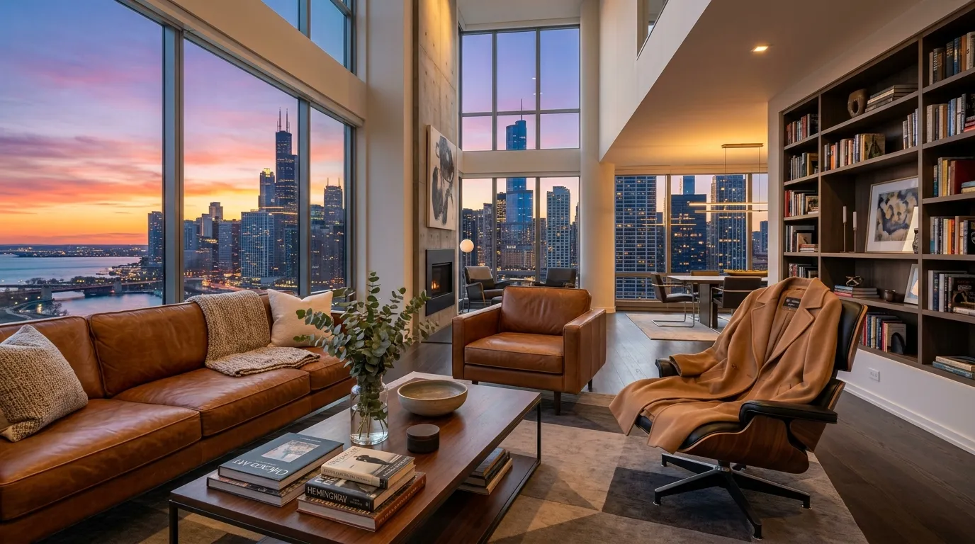 An ultra-modern luxury condo living room in downtown Chicago overlooking the city skyline