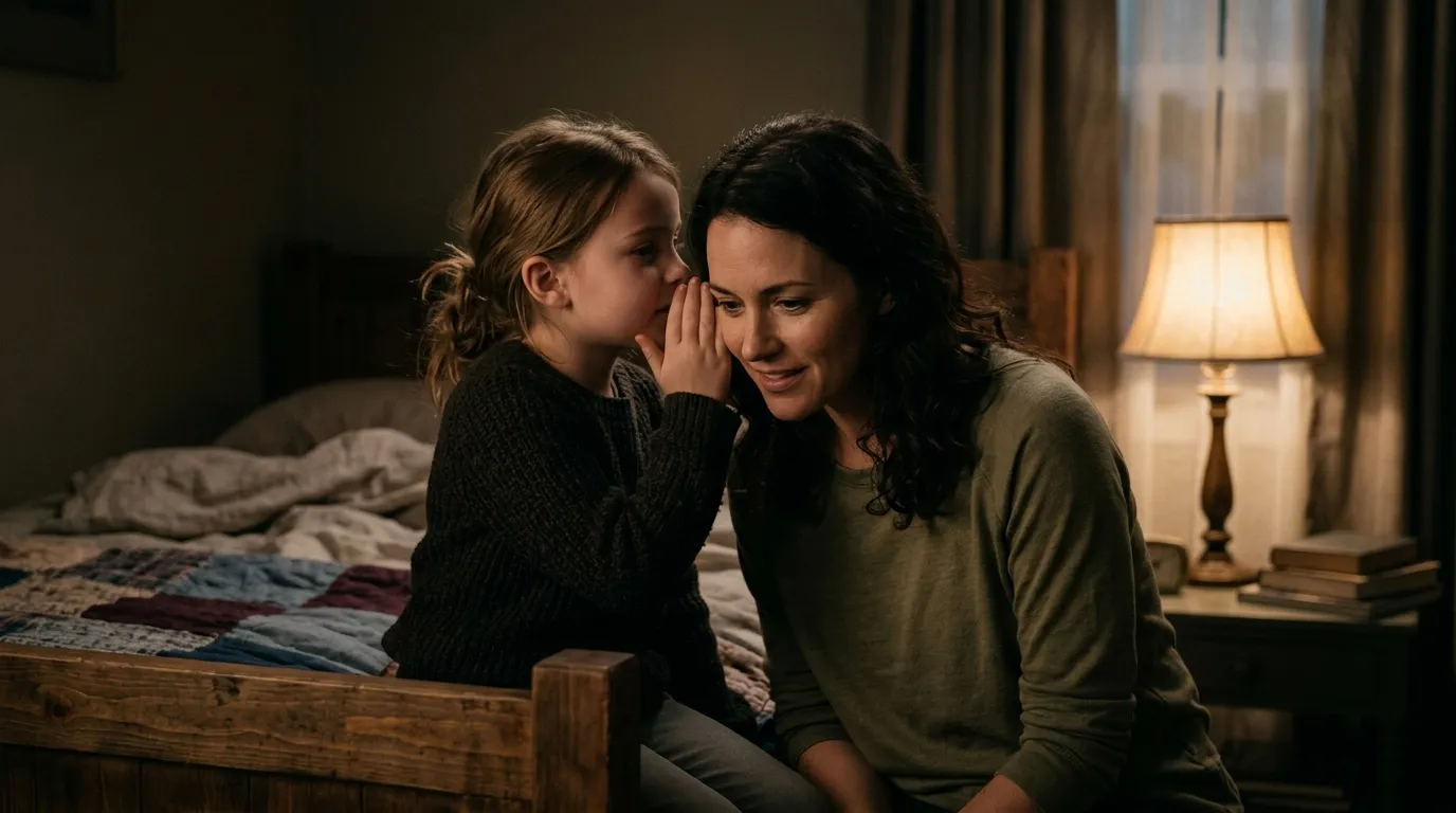 A young girl sitting on a bed whispering to her mother